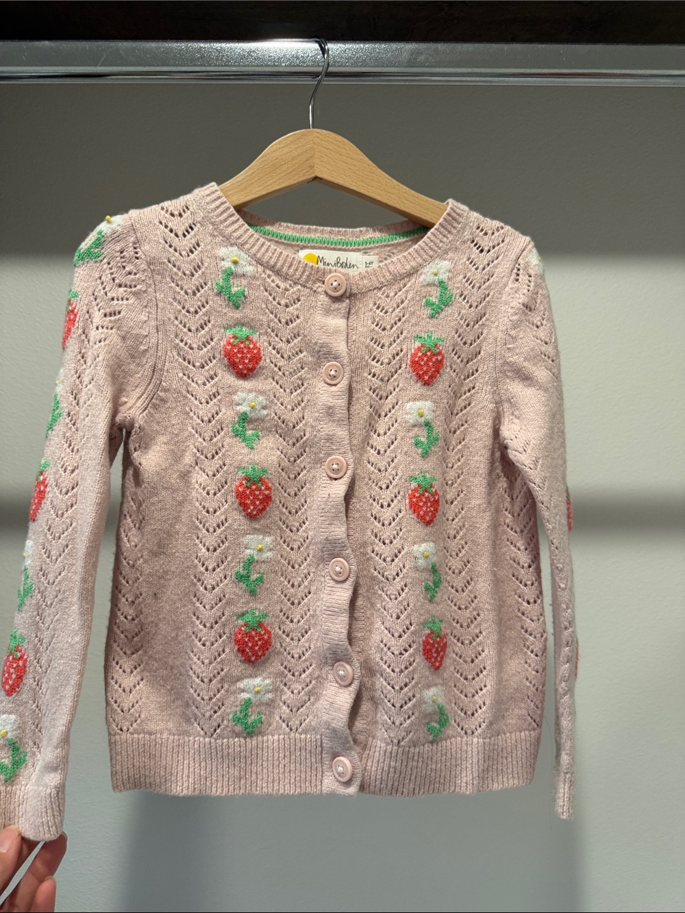 Mini Boden Pink Strawberry Knit Cardigan with Embroidered Fruit girl size 5-6y